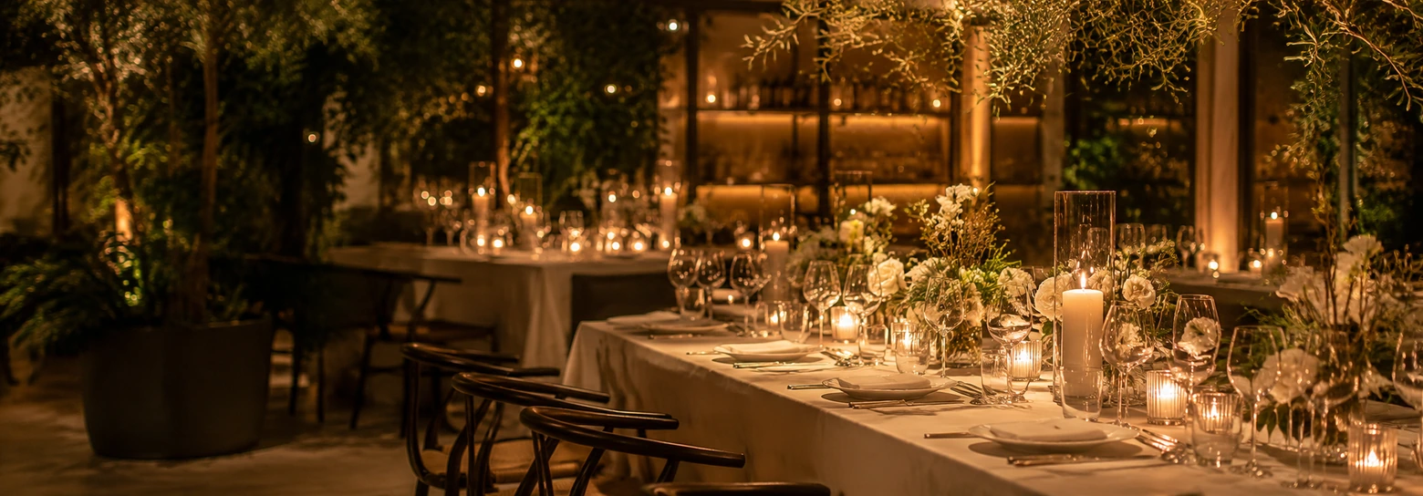 Elegant Capri event dining with dressed tables, flowers and warm evening lights