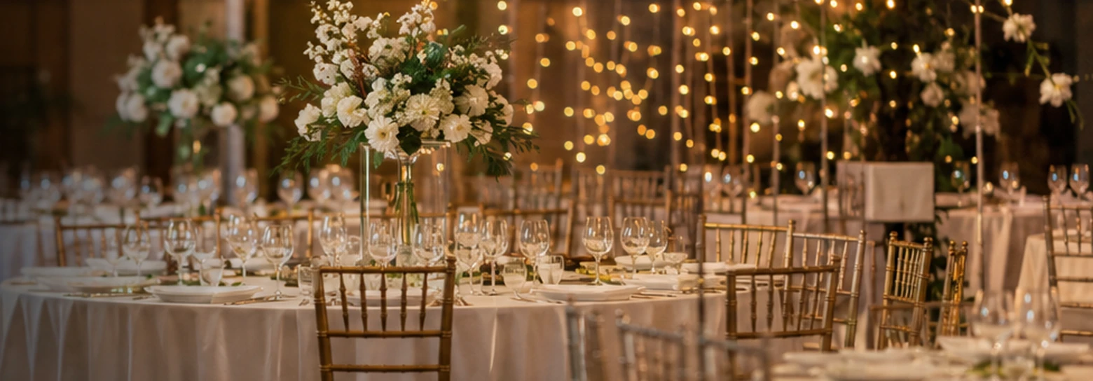 Elegant Capri event dining with dressed tables, flowers and warm evening lights
